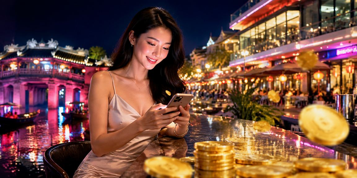 Người dùng chơi slot game tại chợ đêm Hội An